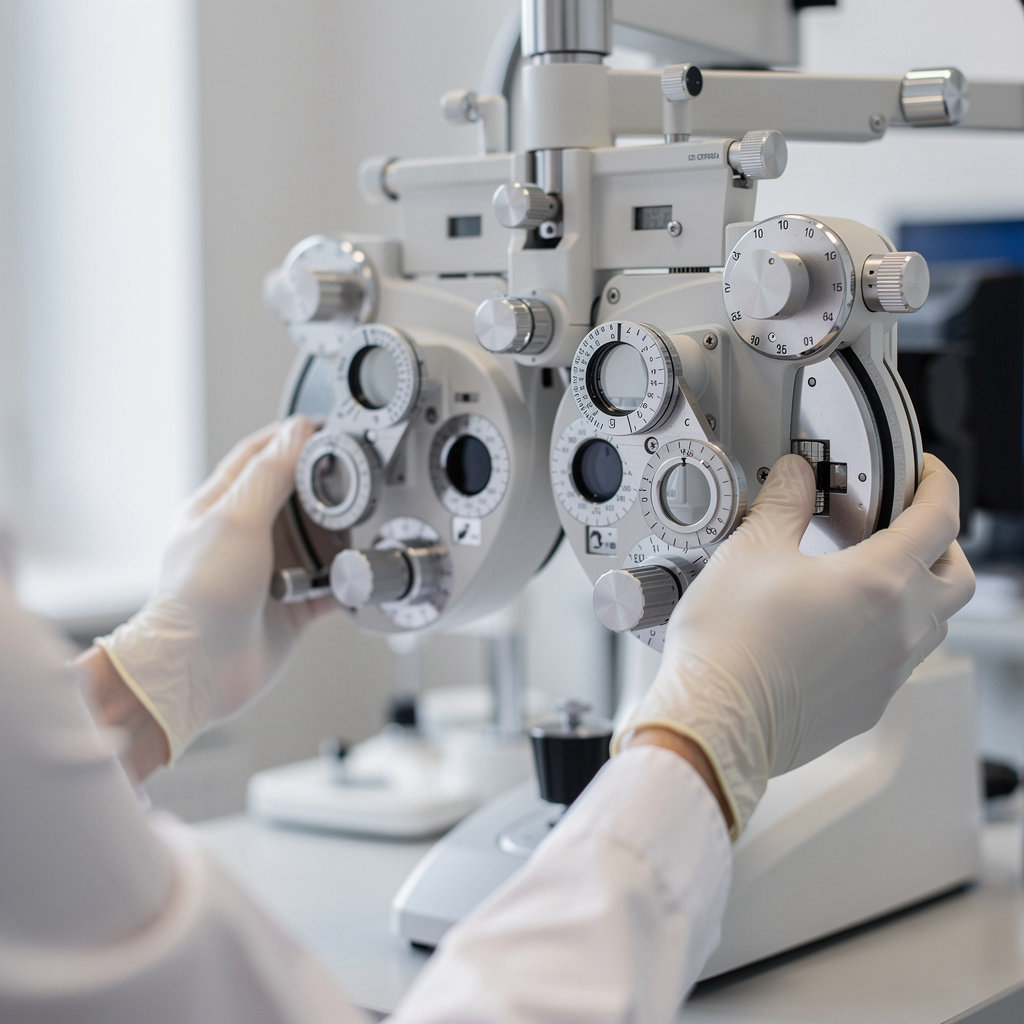 Eye Care Plus professional optometrist conducting a comprehensive eye exam for a patient in San Diego